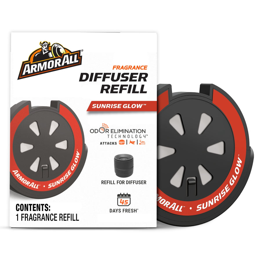Armor All Sunrise Glow fragrance diffuser refill in front of its white product box with round black-and-red refill visible.