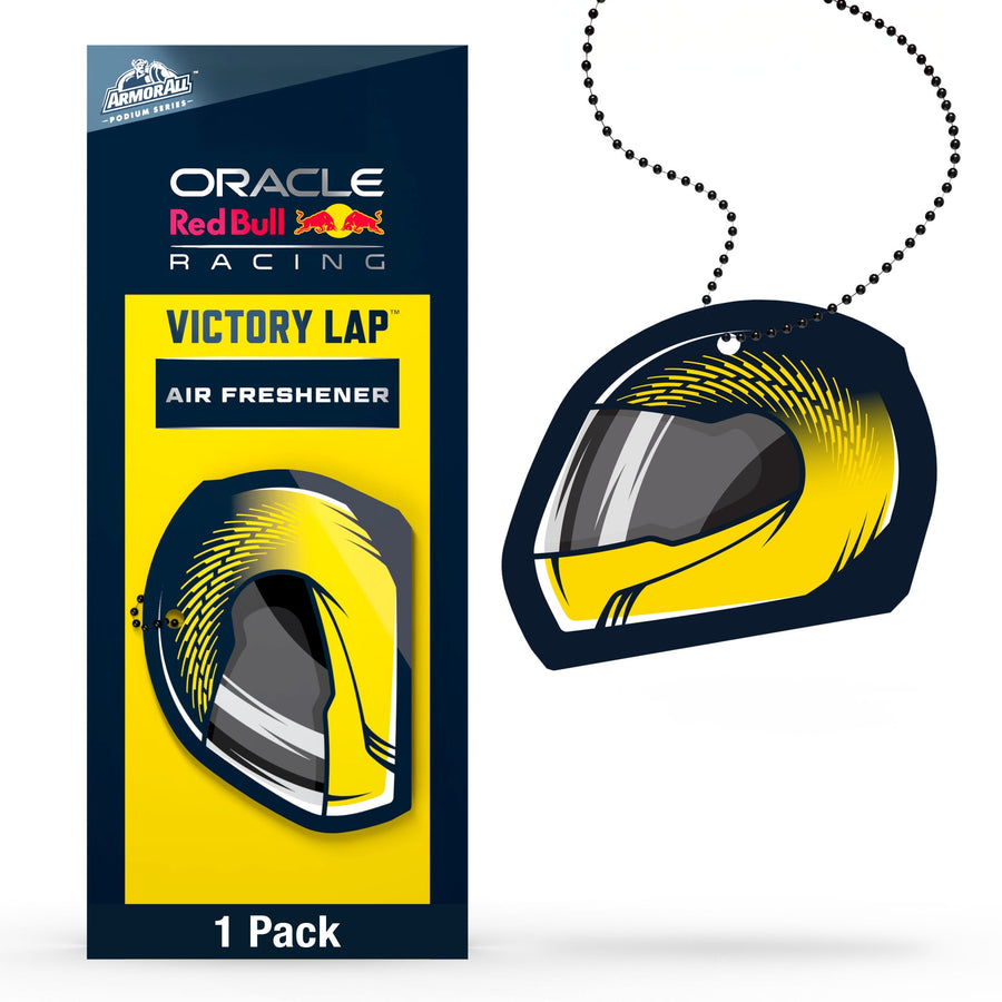 Armor All Oracle Red Bull Racing 'Victory Lap' helmet-shaped hanging air freshener in branded yellow packaging