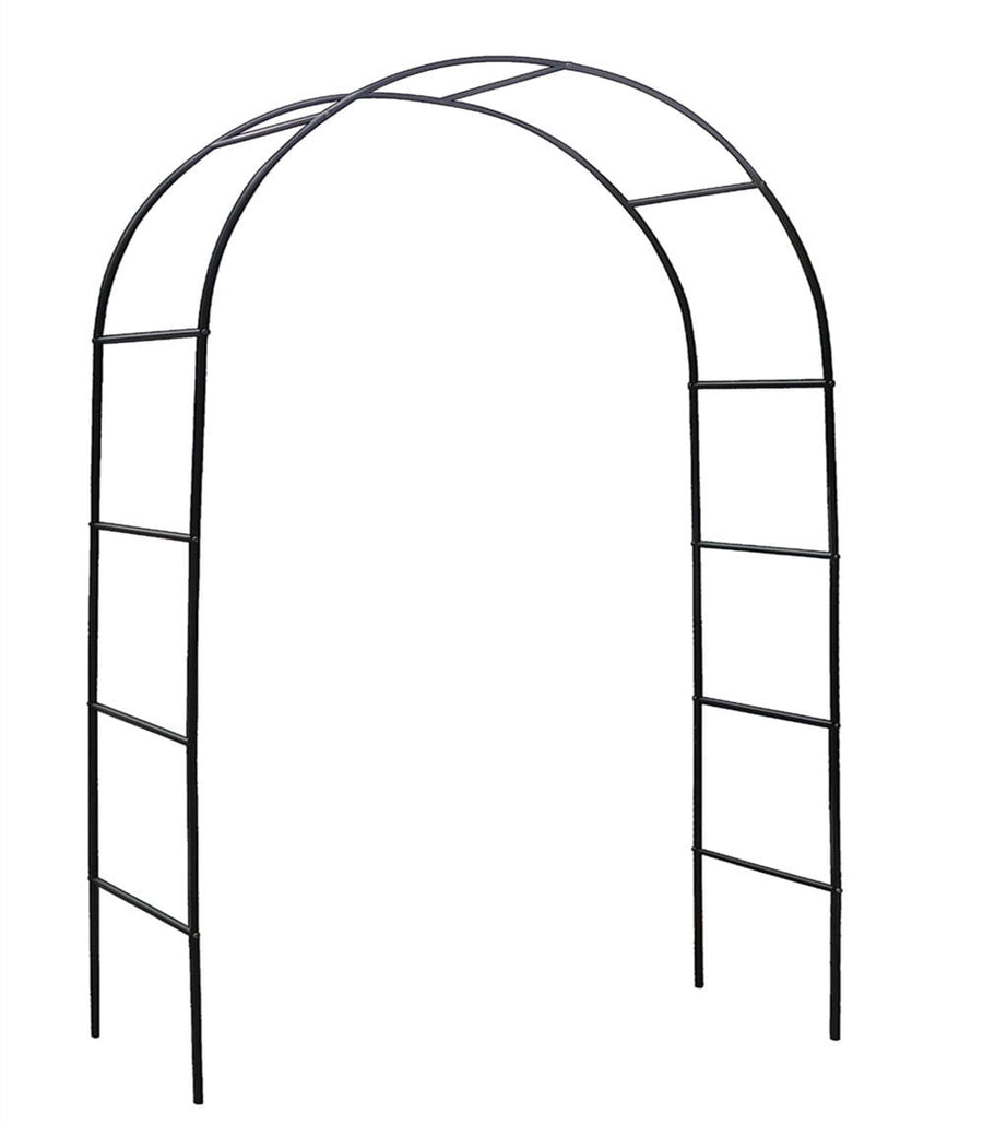 Simple black metal garden arch trellis with ladder-style side supports on white background