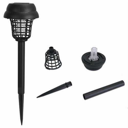 Black solar-powered outdoor bug-eliminator torch displayed assembled with disassembled parts on white background