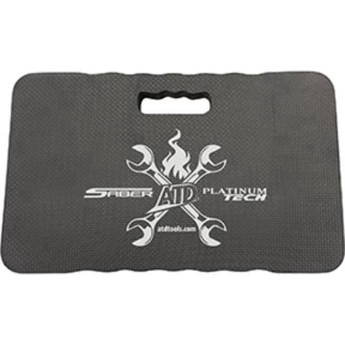 Black foam kneeling pad with a built-in carry handle and white crossed-wrench ATD logo and text print on the surface.