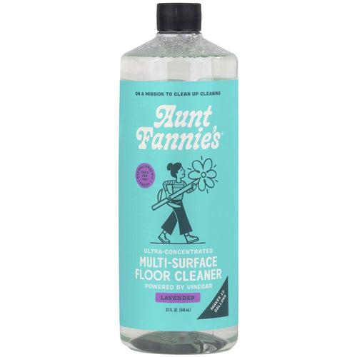 Tall clear bottle of Aunt Fannie’s teal-labeled ultra-concentrated multi-surface floor cleaner