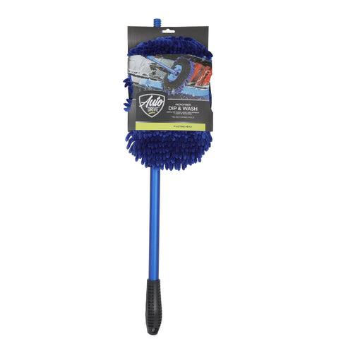 Blue chenille microfiber mop head attached to a telescoping blue aluminum handle with Auto Drive packaging label