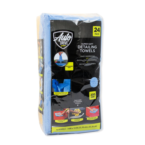Packaged Auto Drive detailing towels in clear dispenser bag showing blue and yellow microfiber towels