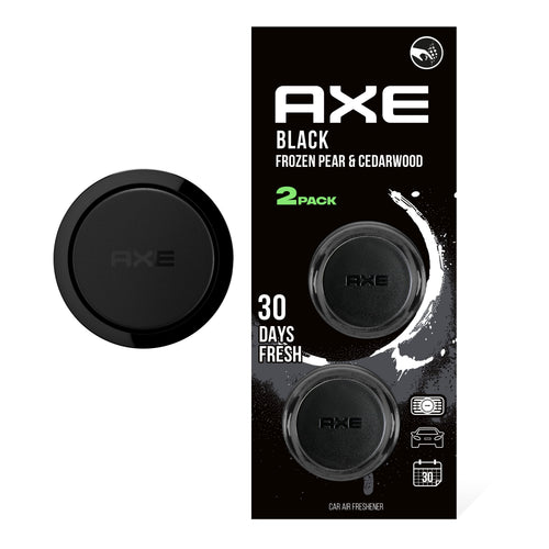 AXE Black mini vent clip car air freshener two-pack on black retail card showing two circular black clips