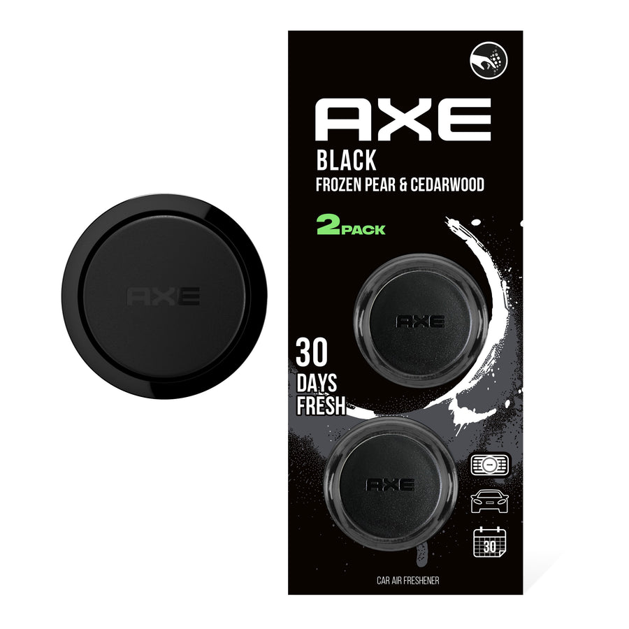 AXE Black mini vent clip car air freshener two-pack on black retail card showing two circular black clips