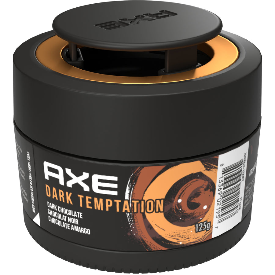 Close-up of a black AXE Dark Temptation gel can car air freshener with orange swirl label and embossed AXE cap.