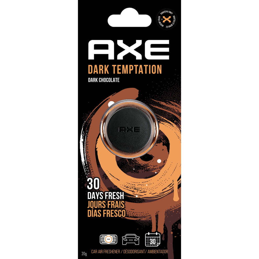 AXE Dark Temptation mini vent-clip packaging front showing round black air freshener and 30 days fresh claim