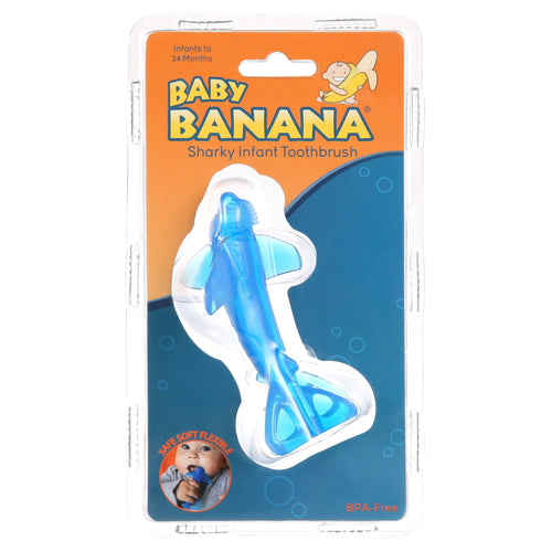 Retail blister pack of Baby Banana branded blue sharky infant toothbrush with orange and blue packaging