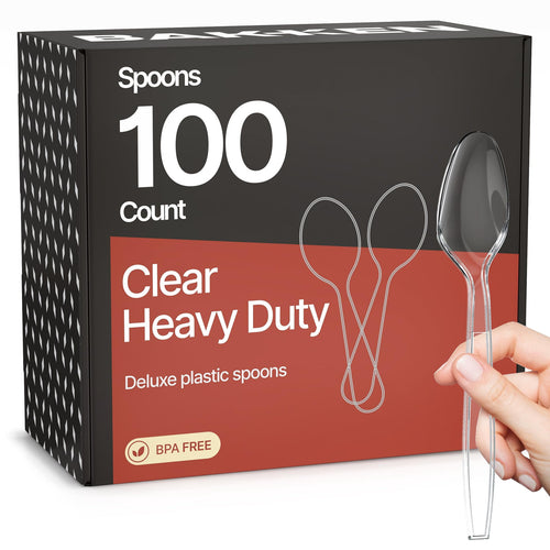 Boxed pack of clear plastic spoons showing '100 count' branding and a hand holding a clear spoon beside package artwork.