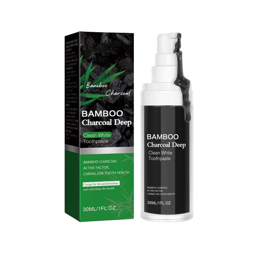 Bottle and boxed packaging of bamboo charcoal deep clean toothpaste with black pump and green-accented box