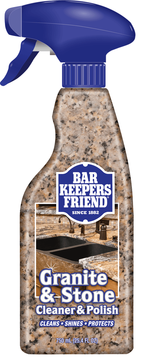 Bar Keepers Friend Granite & Stone spray bottle with blue trigger and branded label showing a kitchen sink and countertop.