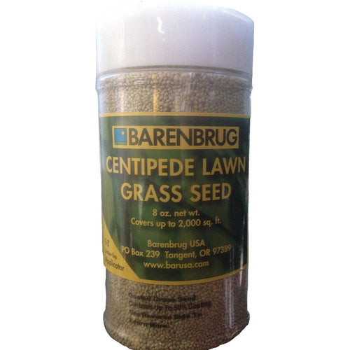 Clear plastic shaker bottle of Barenbrug Centipede Lawn grass seed showing beige seed granules and green product label.