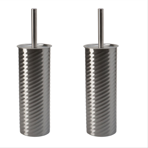 Two chrome swirled-texture toilet brush holders with matching slim handles, shown side by side on white background