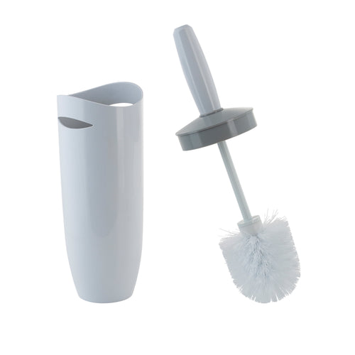 White Bath Bliss contour toilet brush with matching tall holder shown separately on white background, brush head and handle visible
