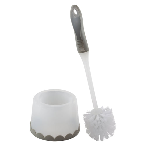 Bath Bliss gray-handled toilet brush with round white bristles and matching frosted holder on white background
