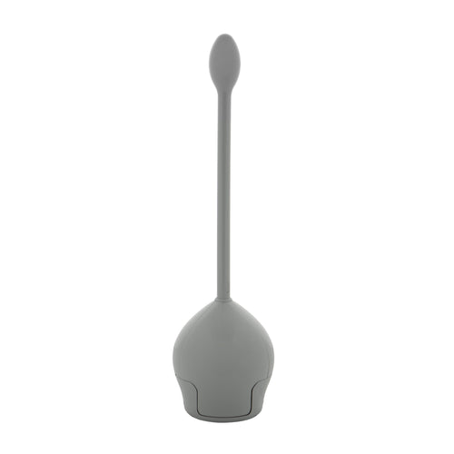 Gray tulip-shaped toilet brush with a long handle standing upright on white background