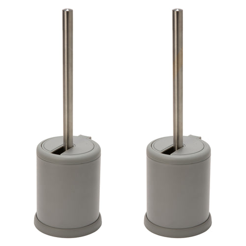 Two grey Bath Bliss toilet brush holders with stainless handles on white background