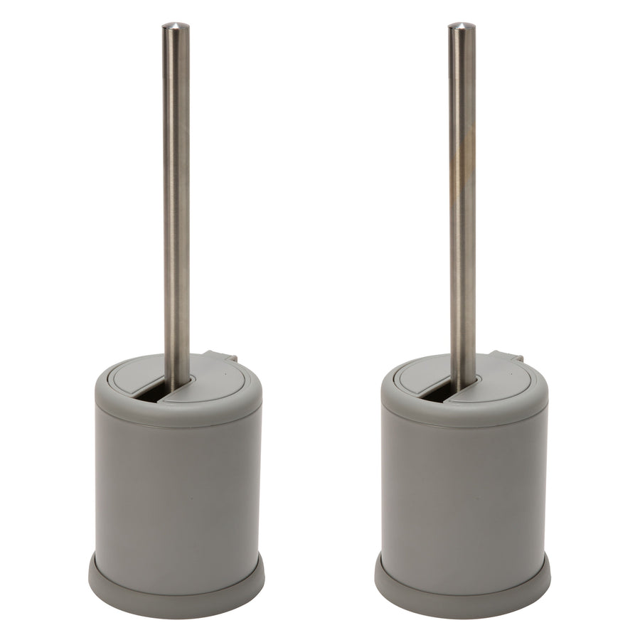 Two grey Bath Bliss toilet brush holders with stainless handles on white background