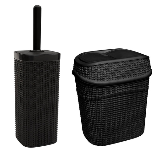 Matte black textured rattan-style toilet brush holder and matching swing-top trash can on white background