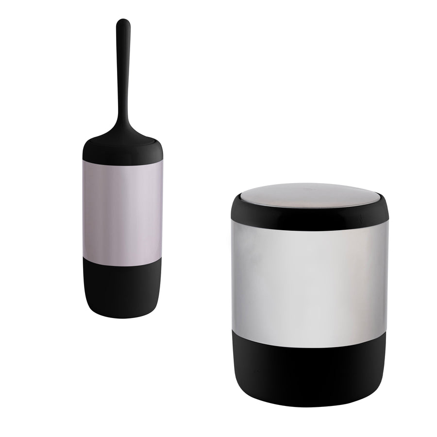 Matte black-handled toilet brush and stainless-steel cylindrical holder with black base shown on white background.