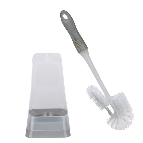 Bath Bliss square toilet brush with gray handle and matching translucent stand on a white background