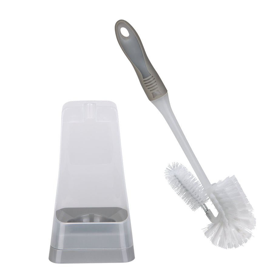Bath Bliss square toilet brush with gray handle and matching translucent stand on a white background