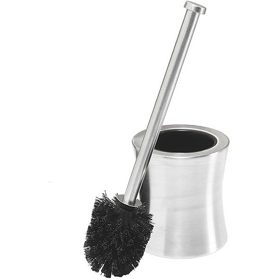 Stainless steel hourglass toilet brush holder with long metal handle and black bristle brush leaning against canister