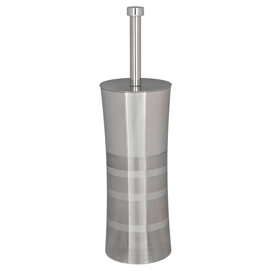 Stainless steel Bath Bliss toilet brush holder with tall handle, two-tone finish and subtle horizontal bands