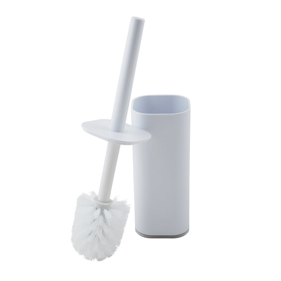 White acrylic square toilet brush and holder set shown separated, angled brush with round white bristles and matching rectangular holder