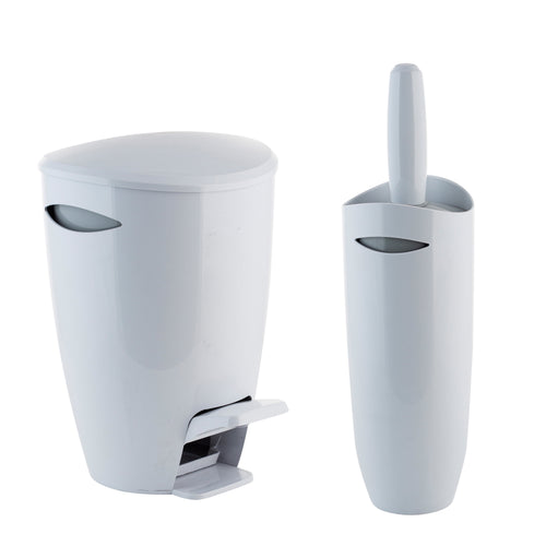 White plastic bathroom pedal bin next to a matching enclosed toilet brush holder on a white background