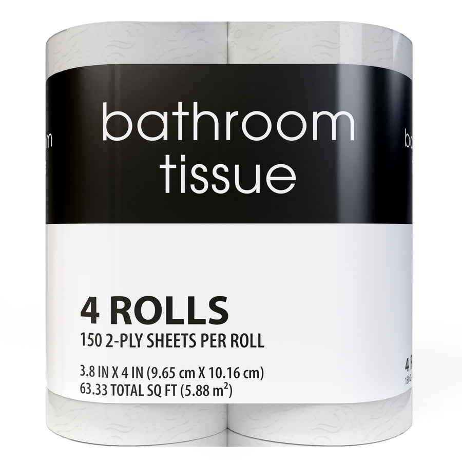 Close-up front of bathroom tissue packaging with black band and white lower label stating “4 ROLLS 150 2-PLY SHEETS PER ROLL”