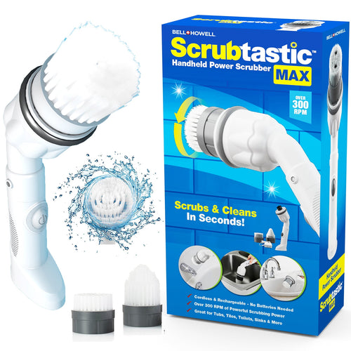 White Bell+Howell Scrubtastic Max handheld power scrubber with two brush heads and product box on white background.