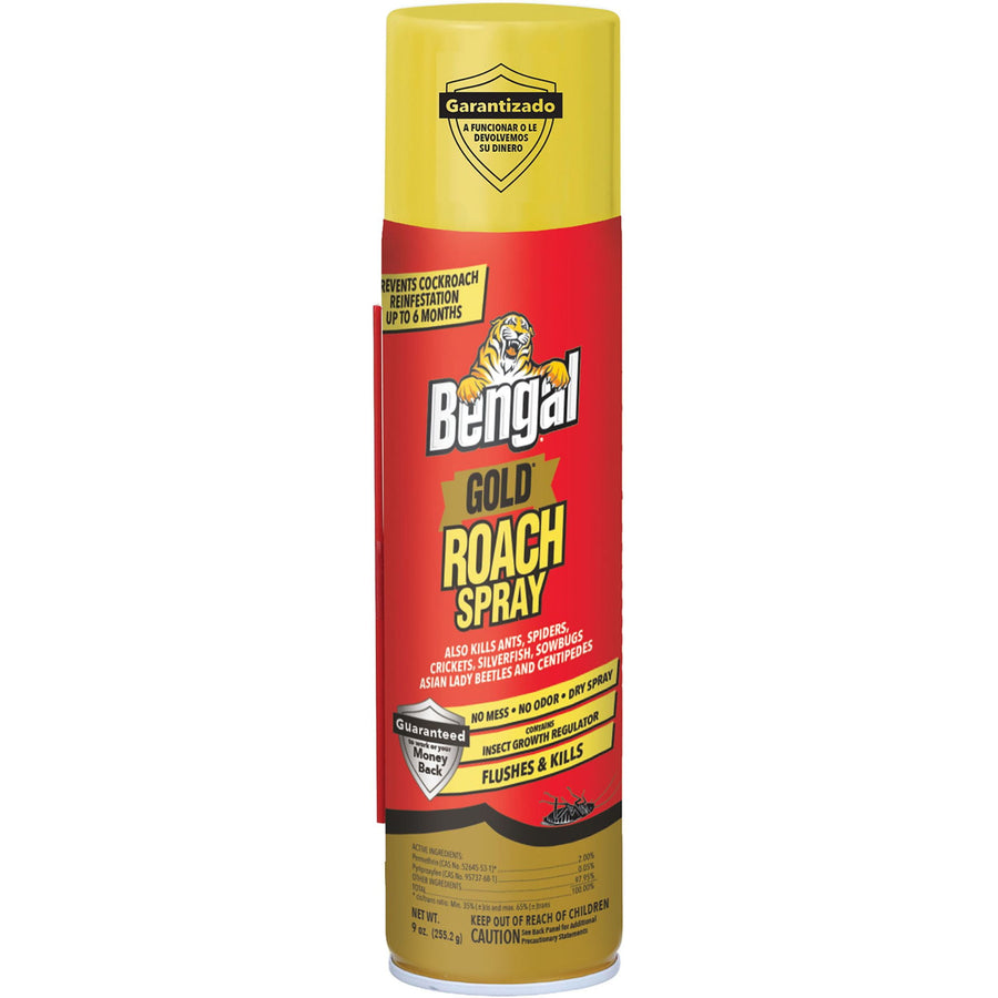 Tall red and yellow Bengal Gold Roach Spray aerosol can with tiger logo and bold roach spray label.