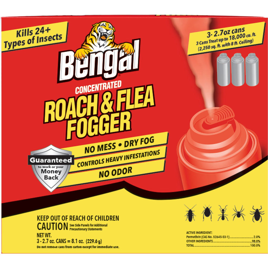 Front-facing Bengal concentrated Roach & Flea Fogger packaging with red and yellow design and tiger logo