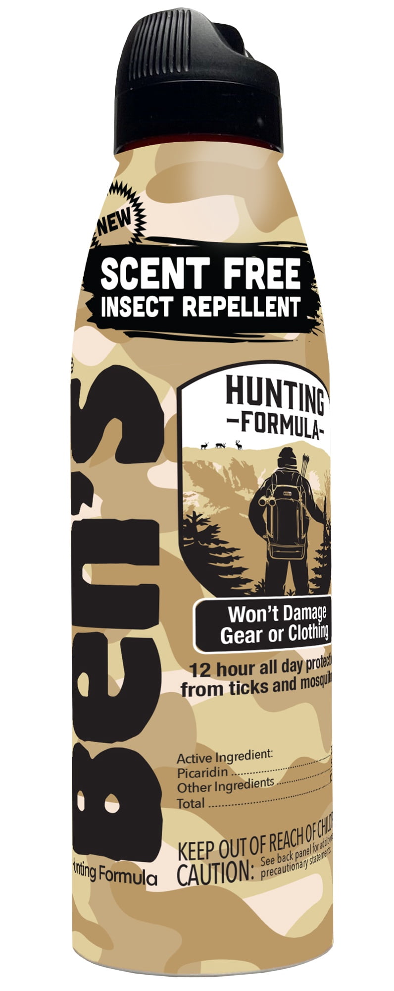 Camo-pattern aerosol can of Ben's scent free hunting formula insect repellent with black cap on white background