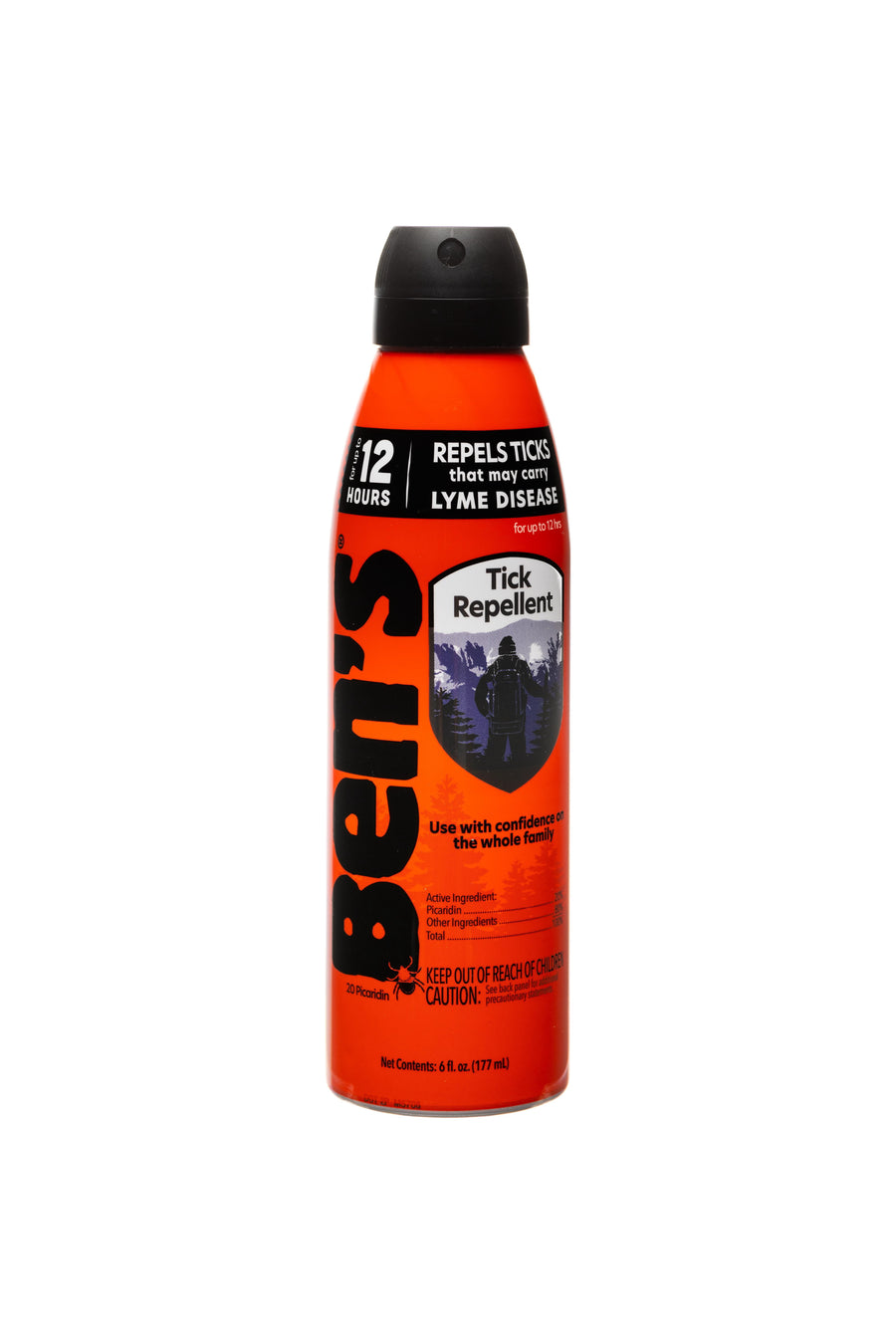 Tall orange aerosol can of Ben's Tick Repellent Eco-Spray with black cap on white background.