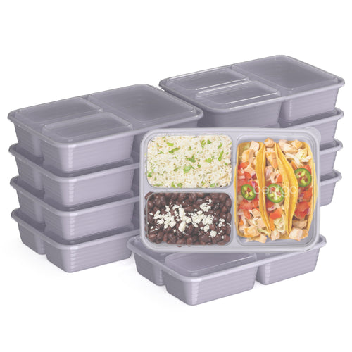 Stack of lilac Bentgo Prep 3-compartment meal prep containers with one placed lid-off showing rice, beans and tacos inside