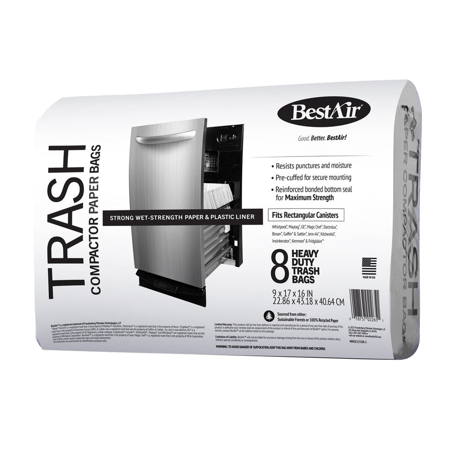 White retail package showing BestAir branding and dishwasher image for trash compactor bags