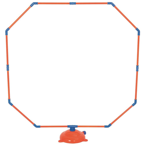 Octagonal orange and blue plastic sprinkler frame with orange dome base on white background.
