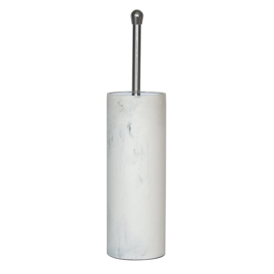 Tall cylindrical white faux marble toilet brush holder with chrome handle, isolated on white