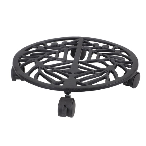 Black decorative metal round plant caddy with leaf-pattern top and three visible caster wheels