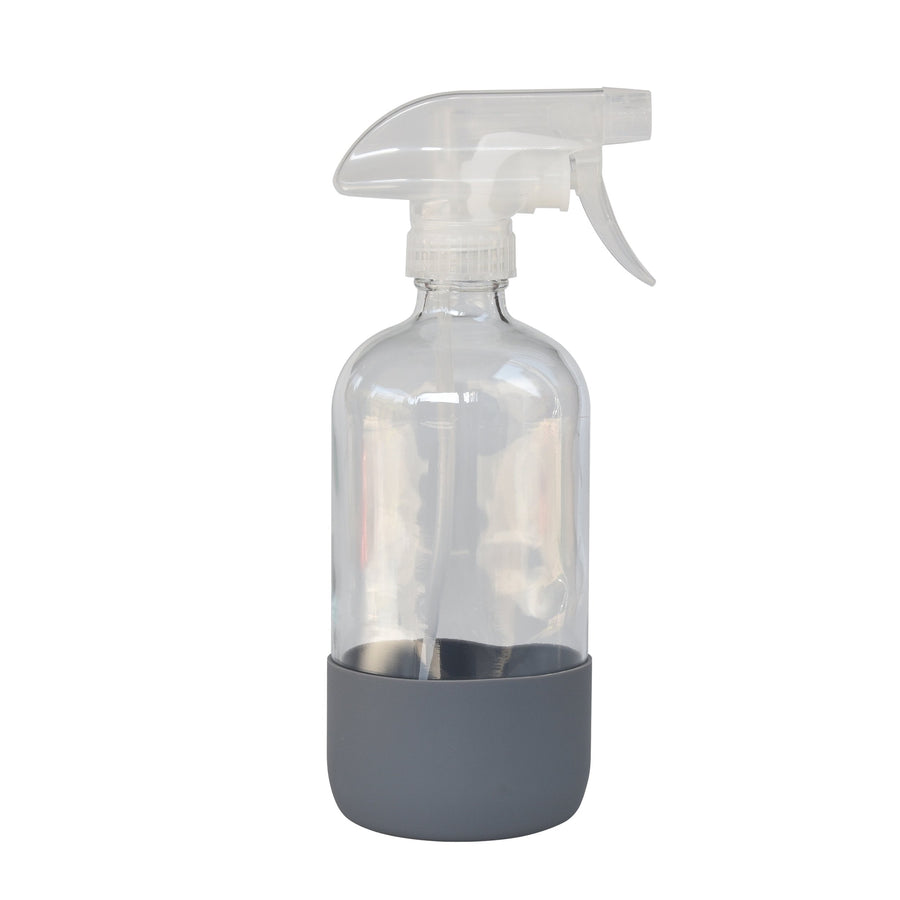 Clear reusable glass spray bottle with translucent trigger and gray rubber base