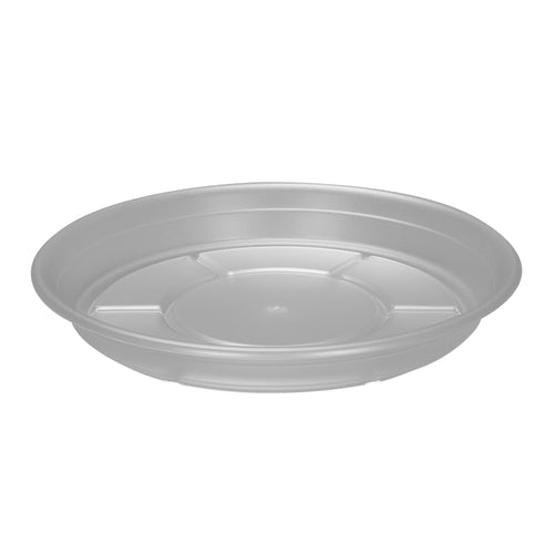 Clear round plastic plant saucer with raised inner ring and shallow rim shown on white background
