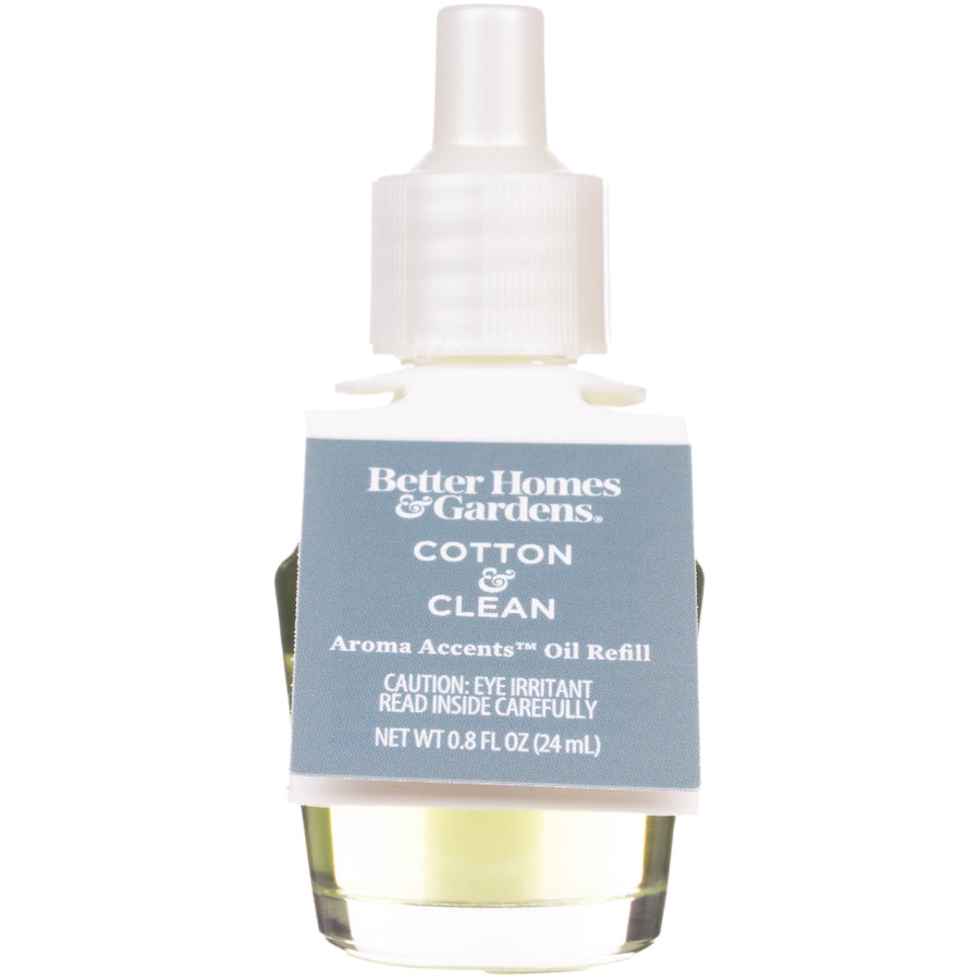 Single Better Homes & Gardens Cotton & Clean aroma oil refill bottle with blue label and white cap on a white background