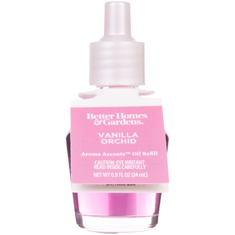 Better Homes & Gardens vanilla orchid refill bottle with pink label and liquid visible in glass vial