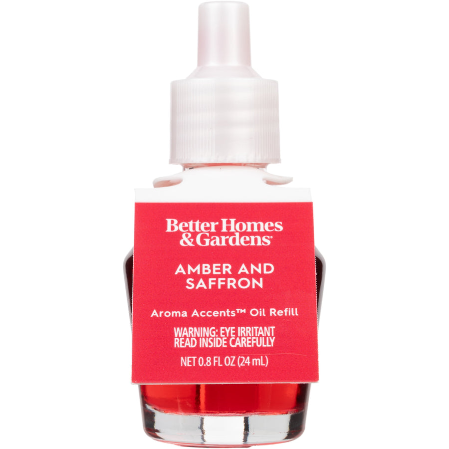 Better Homes & Gardens amber and saffron fragrance oil refill bottle with red liquid and white cap