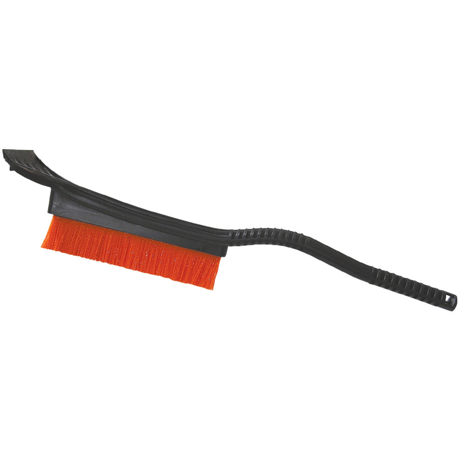 Black plastic snow brush with bright orange bristles and integrated ice scraper