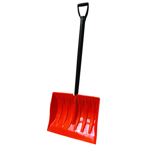 Bigfoot orange plastic snow shovel with a black D-handle, shown full-length