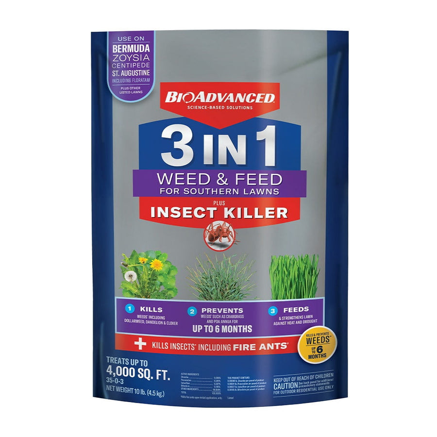 Front-packaging photo of a BioAdvanced 3-in-1 Weed & Feed bag for southern lawns, showing branding and key benefit callouts